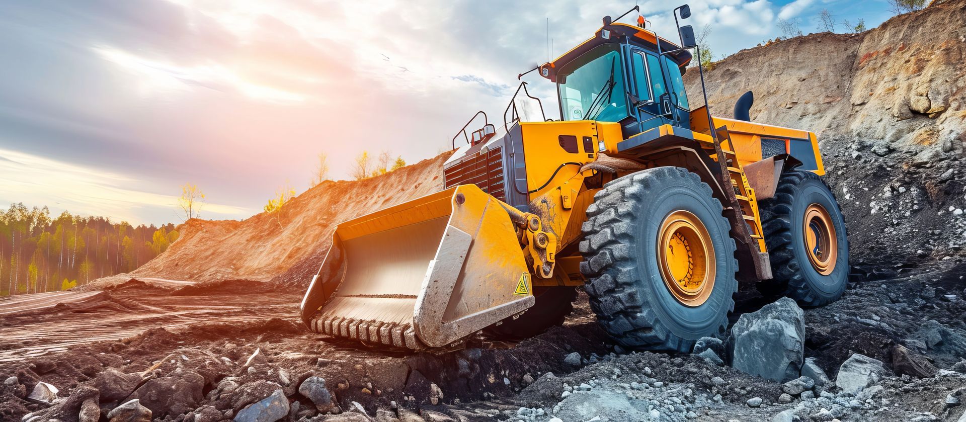 Large yellow bulldozer on rocky terrain at a construction site.