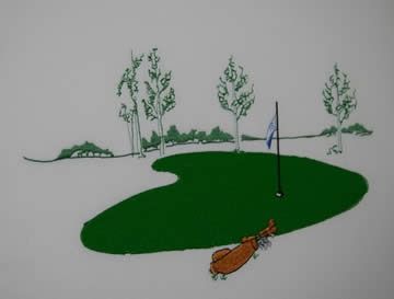 Golf green with flag and golf bag; trees and hills in the background.