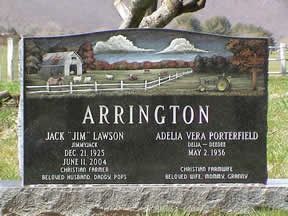 Headstone with painting of a farm scene. Inscription reads 