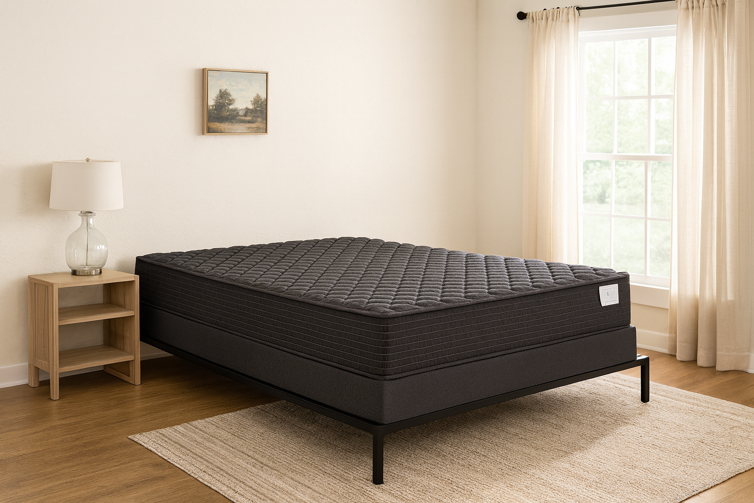 Gray tufted mattress on a metal frame in a room with a pink wall and green carpet.