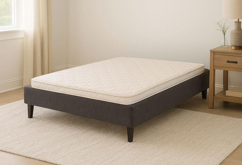 Two white mattresses with grey trim, on a black base, in a showroom.