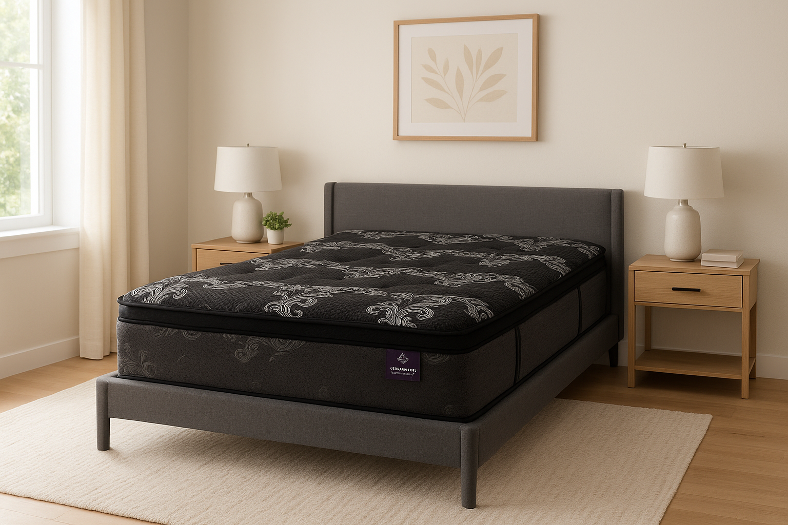 Queen-sized bed with a gray and white patterned mattress on a dark brown wooden frame in a room.