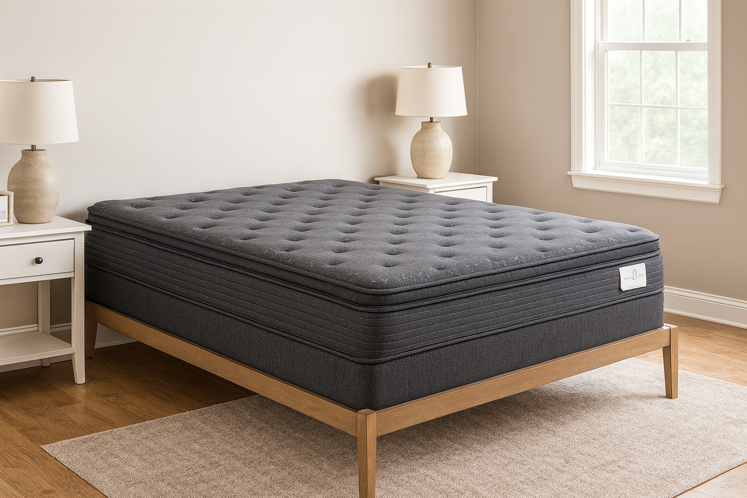 Gray mattress on a metal frame in a room with a pink wall and gray carpet.