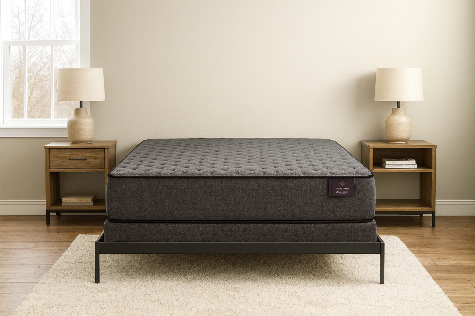 Gray mattress on a black frame, in a showroom setting, with another mattress visible in the background.