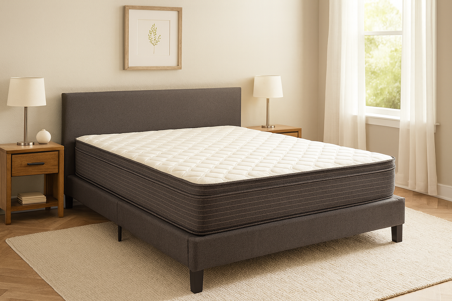 Two mattresses on display, one with a white quilted top, gray border, and a metal frame.