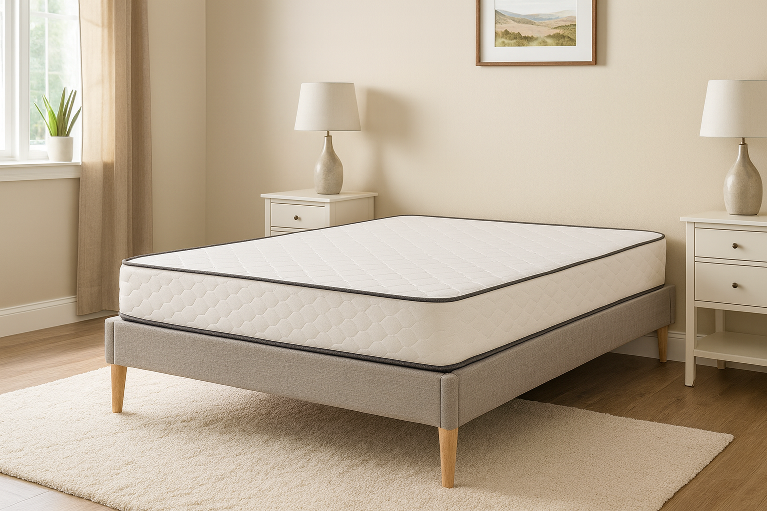 Two white mattresses with grey trim, on a black base, in a showroom.