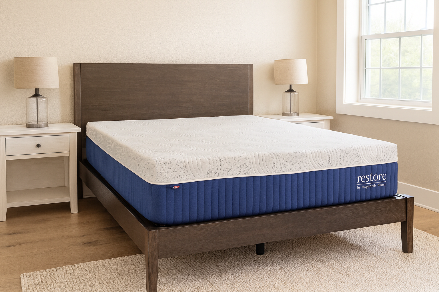 White and blue mattress on a black base, in a showroom.