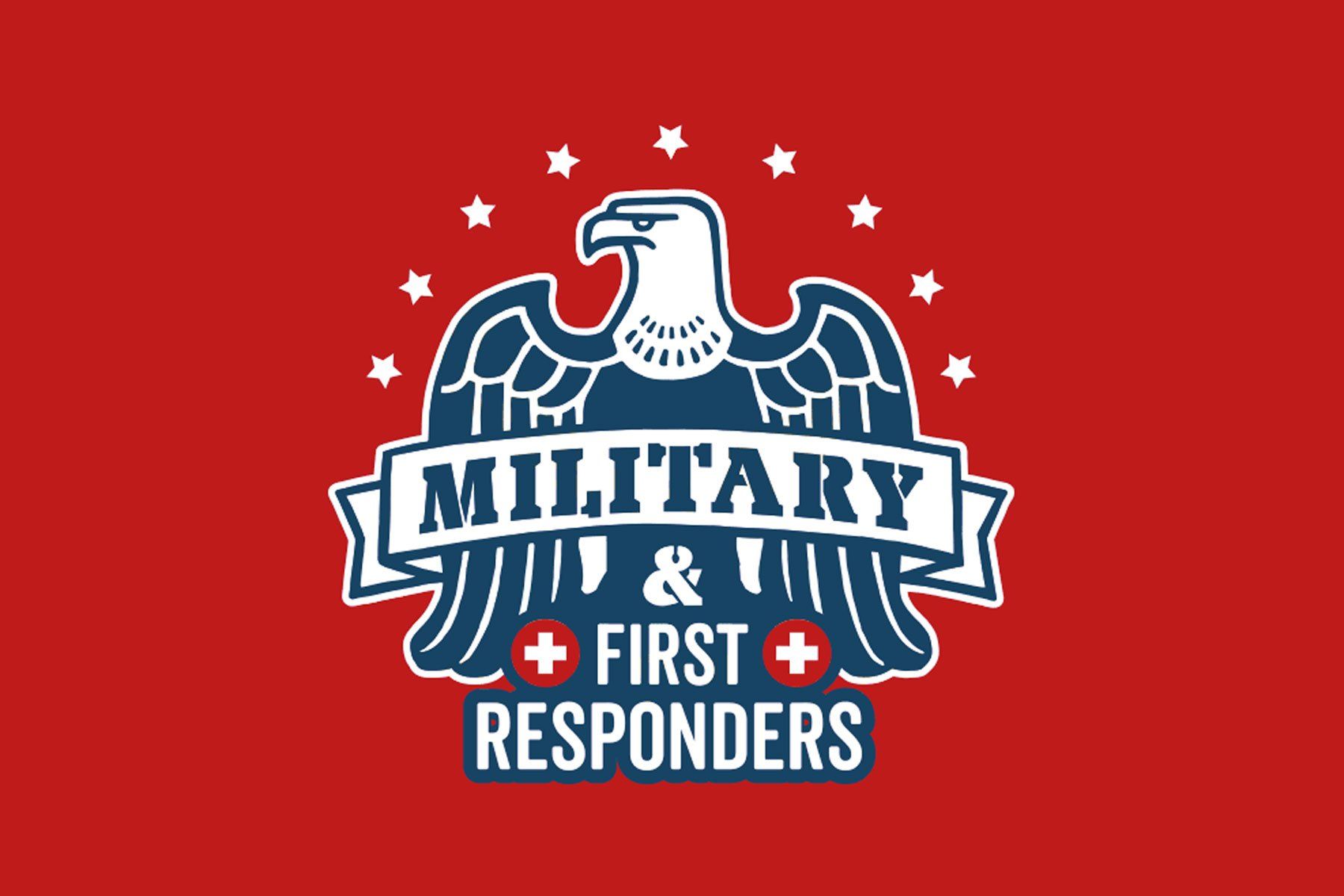 Red flag with a blue and white emblem featuring an eagle, stars, and text that reads