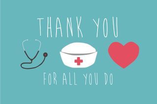 Thank you message to nurses with stethoscope, nurse hat, and heart on turquoise background.