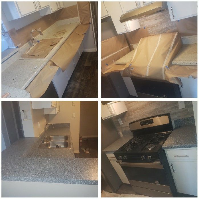 A collage of four pictures of a kitchen being remodeled