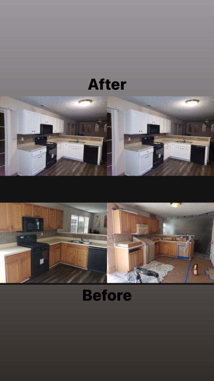 A before and after picture of a kitchen being remodeled.