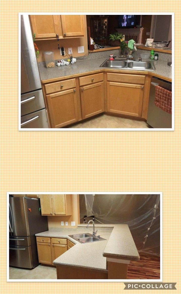 A before and after photo of a kitchen with wooden cabinets and granite counter tops.