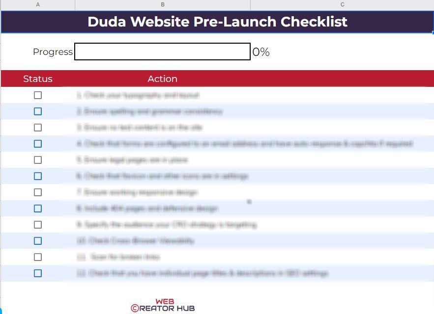 A checklist titled duda website pre-launch checklist