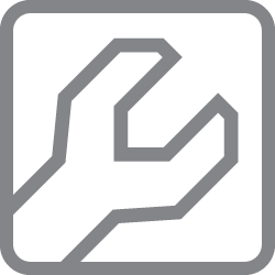 a gray icon of a spanner in a square on a white background .