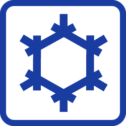 a blue icon of a snowflake in a square on a white background .