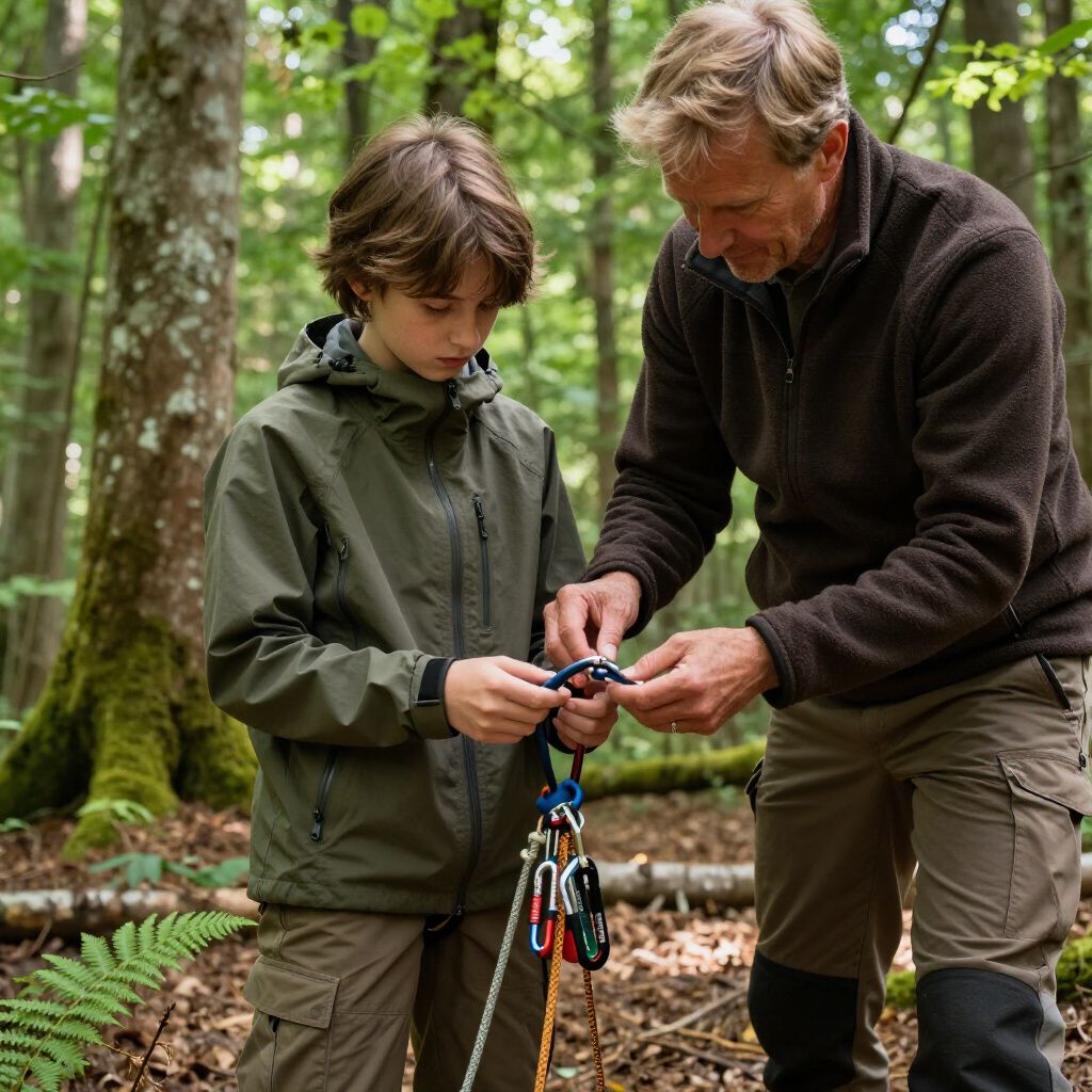 Man showing a boy how to use climbing gear in a forest.