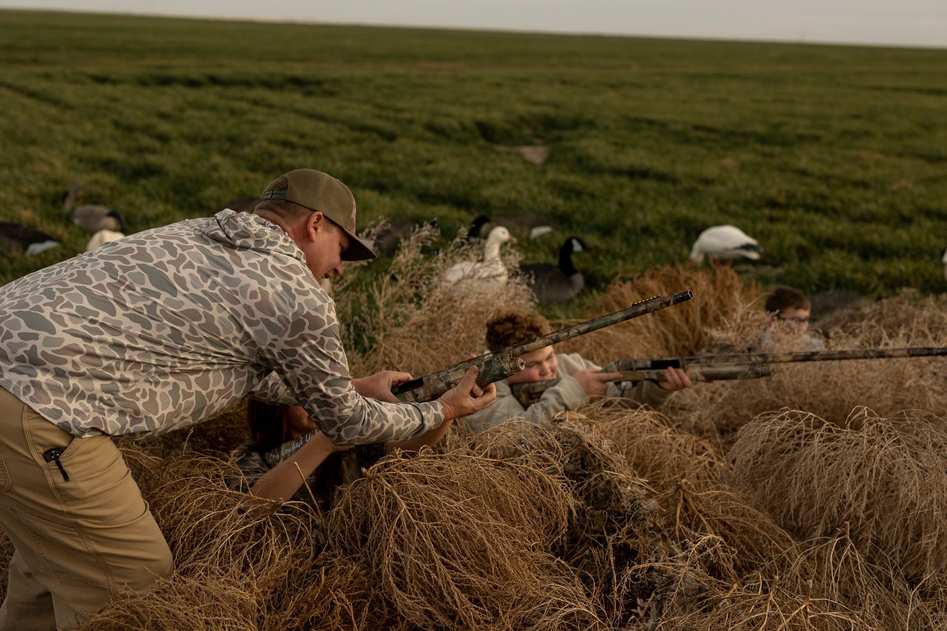 People hunting waterfowl from a blind in a field. One man aims a gun. Others are concealed.