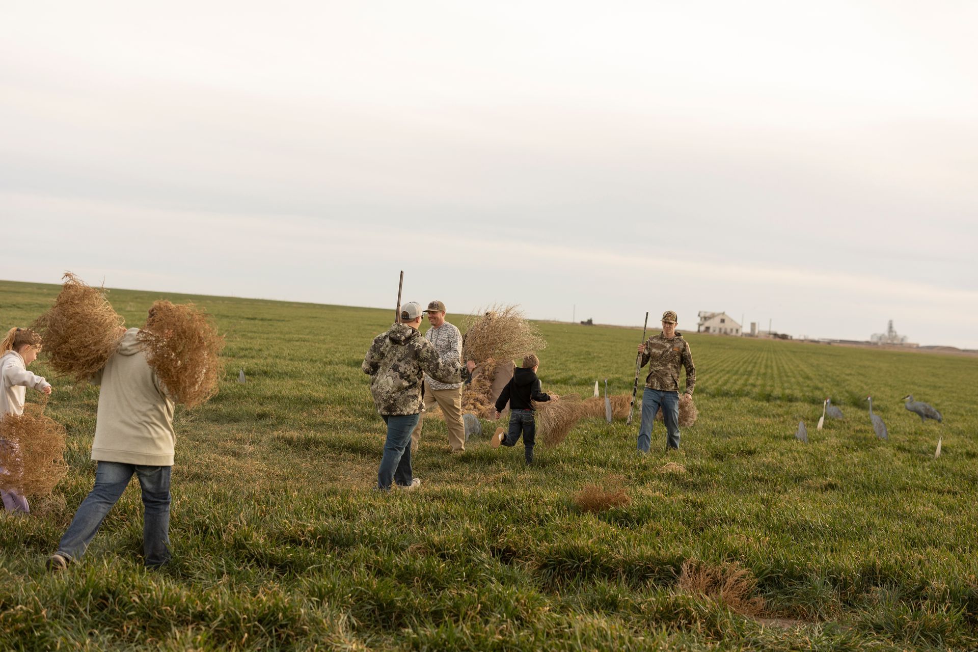 People carrying and holding bundles of plant material in a field. Cloudy sky.