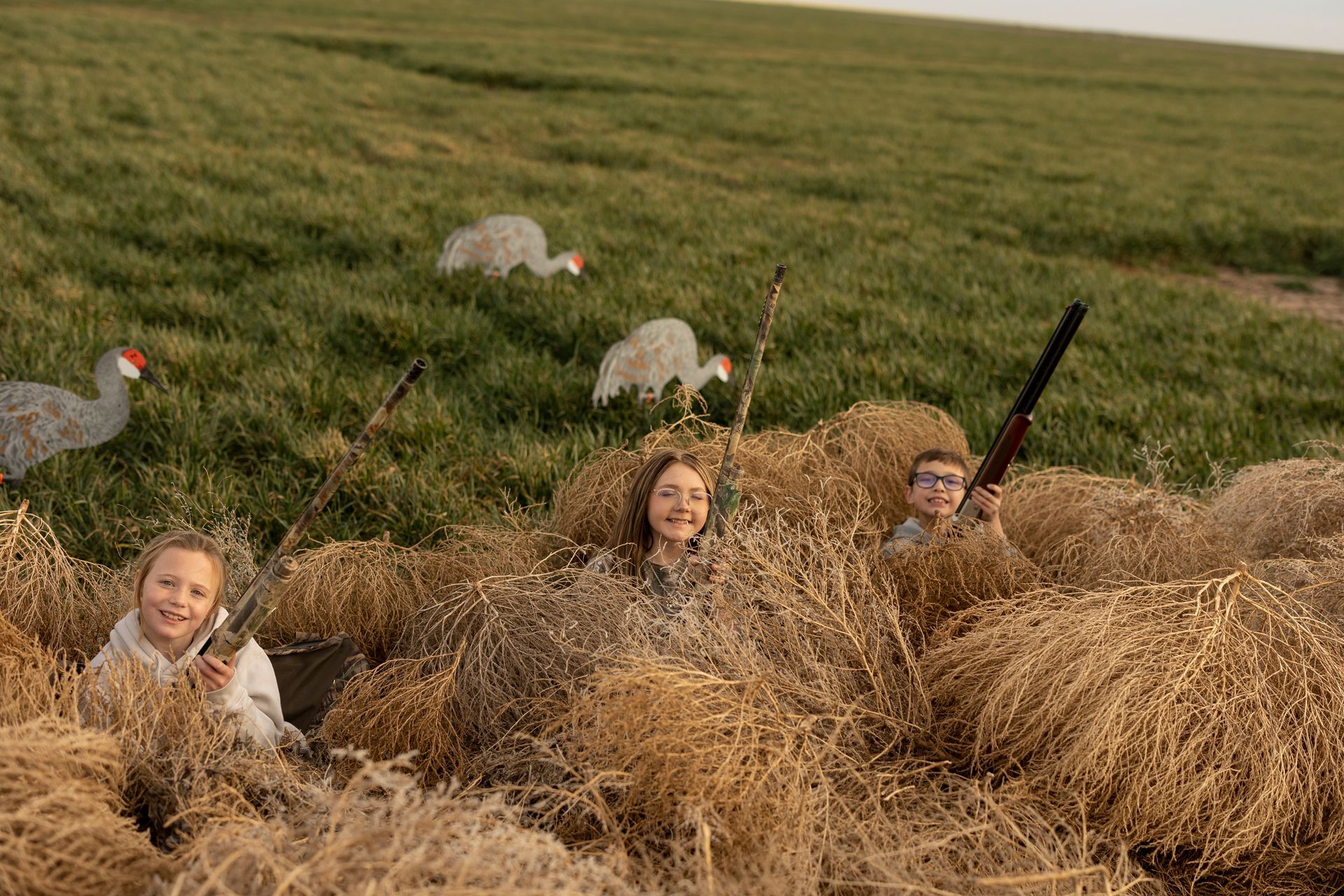 People concealed in a brush blind, holding shotguns, with decoy birds in a grassy field.