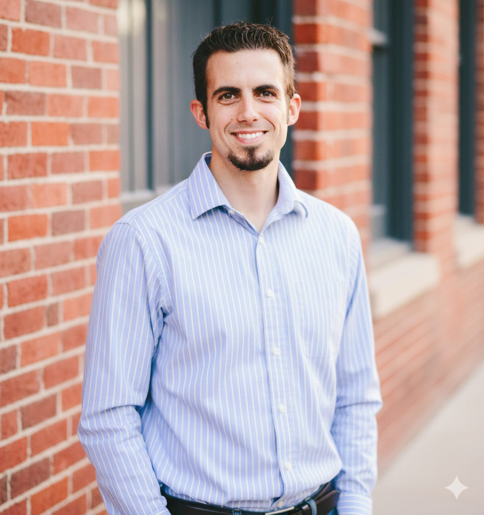 Man with a goatee in a blue striped shirt smiling in front of a brick wall.
