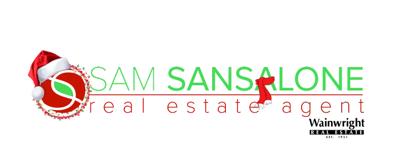 Logo for Sam Sansalone, real estate agent, with Christmas-themed elements.