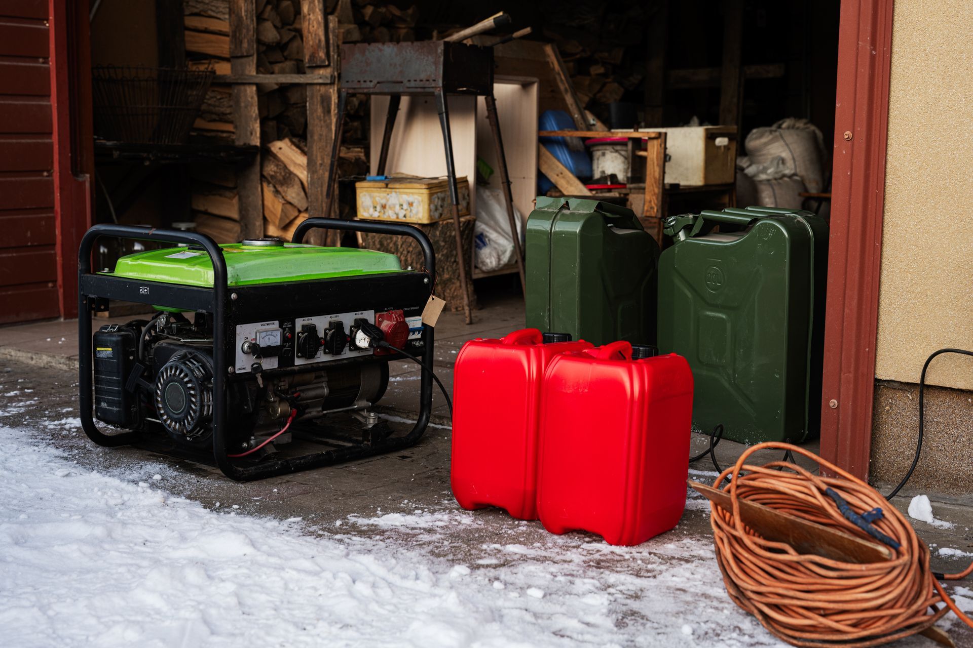 Generator, fuel cans, and coiled electrical cord outside, likely for emergency power.