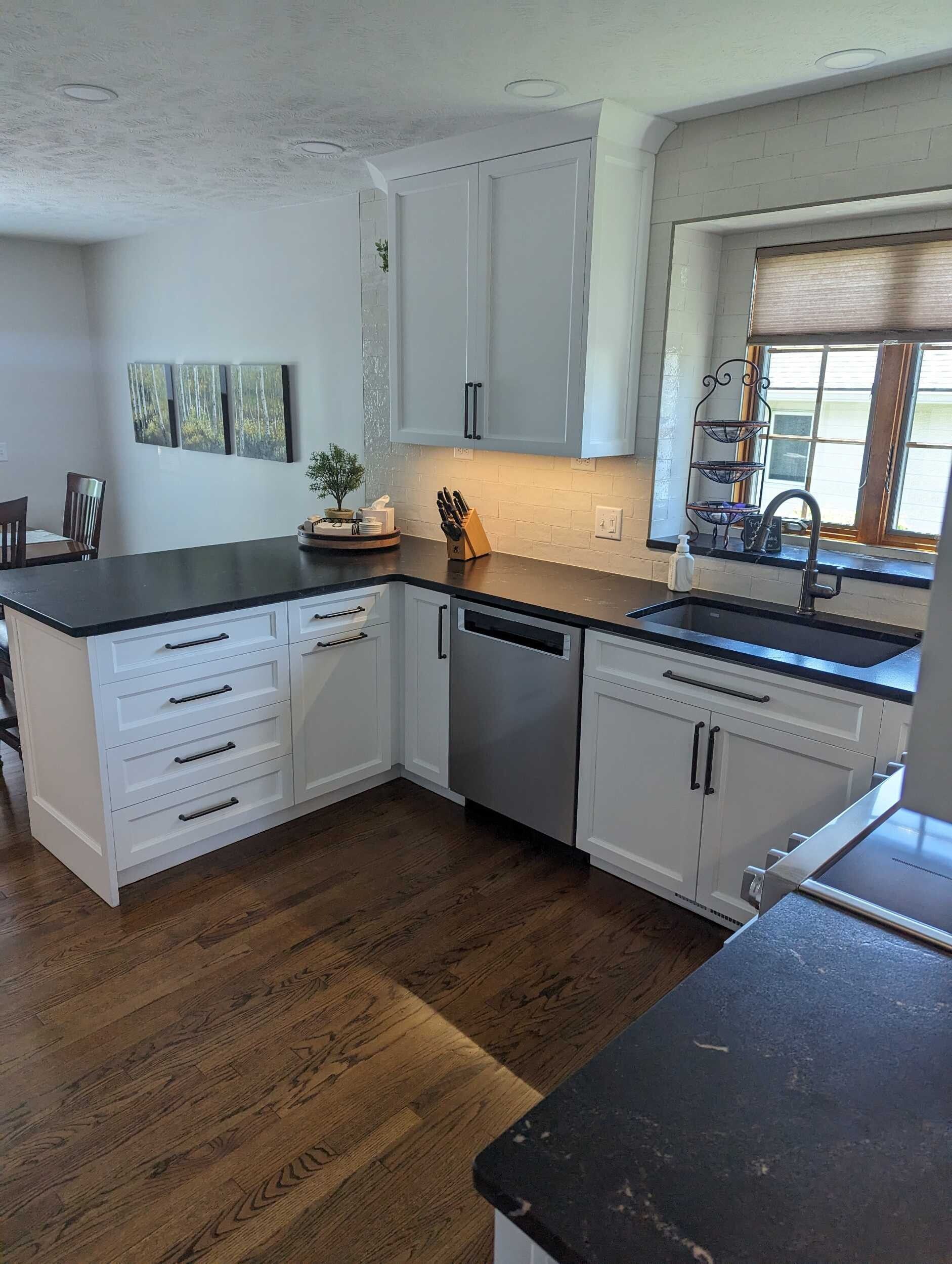 White kitchen with black countertops, stainless steel dishwasher, and wood flooring.