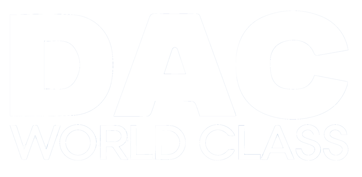 Un logotipo azul y blanco para dac world class sa