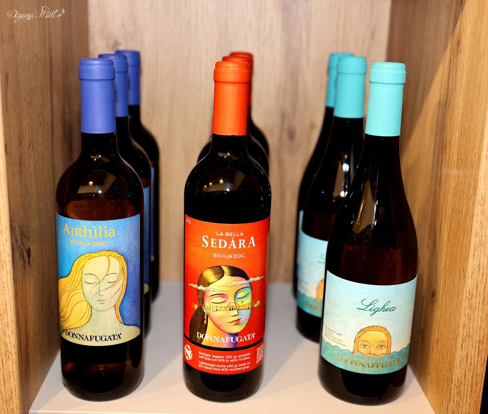 Sei bottiglie di vino con etichette artistiche, disposte su uno scaffale di legno, con tappi in lamina blu, arancione e azzurra.