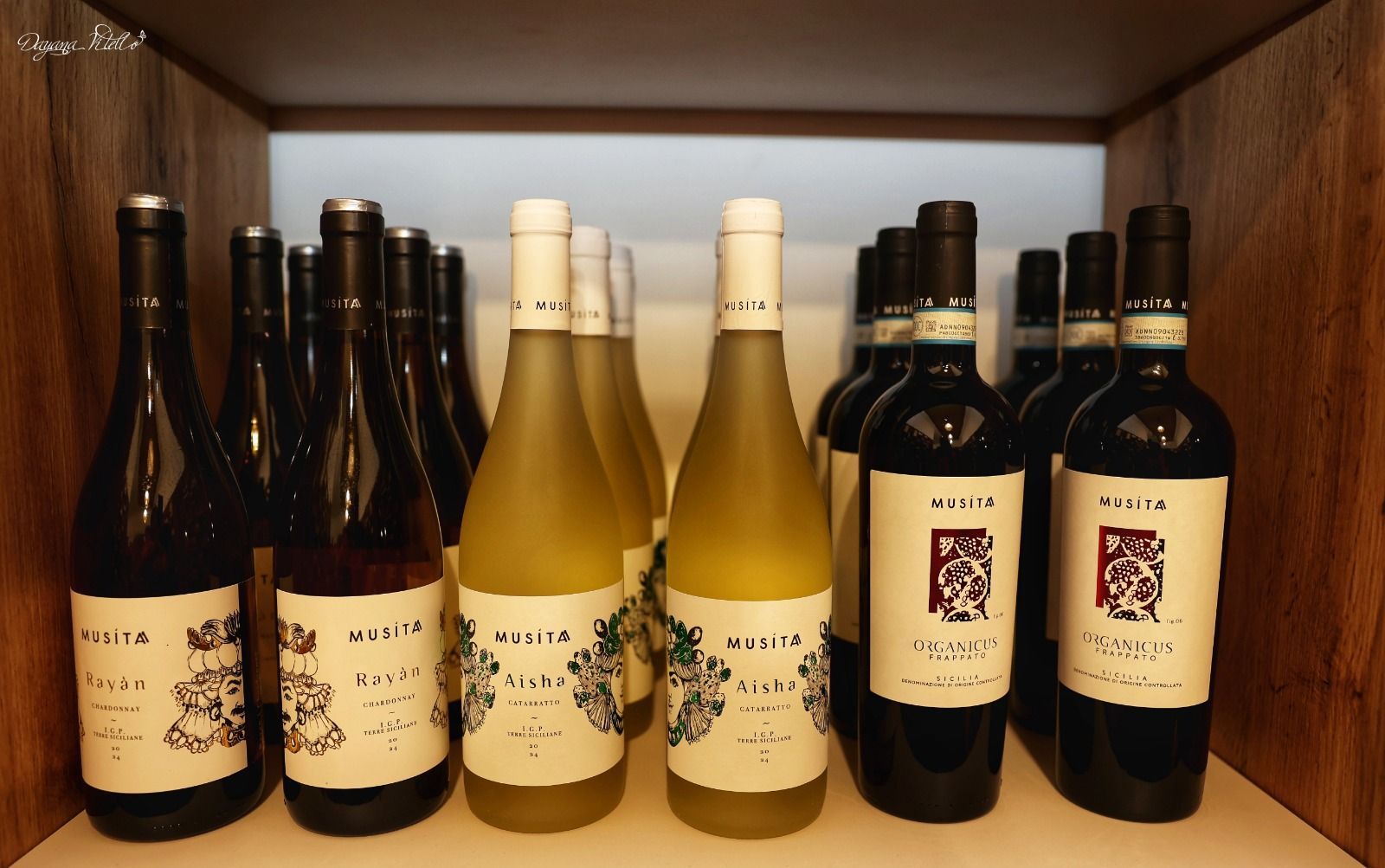 Uno scaffale con file di bottiglie di vino bianco e rosso, con etichette recanti un logo distintivo, in una vetrina di legno ben illuminata.