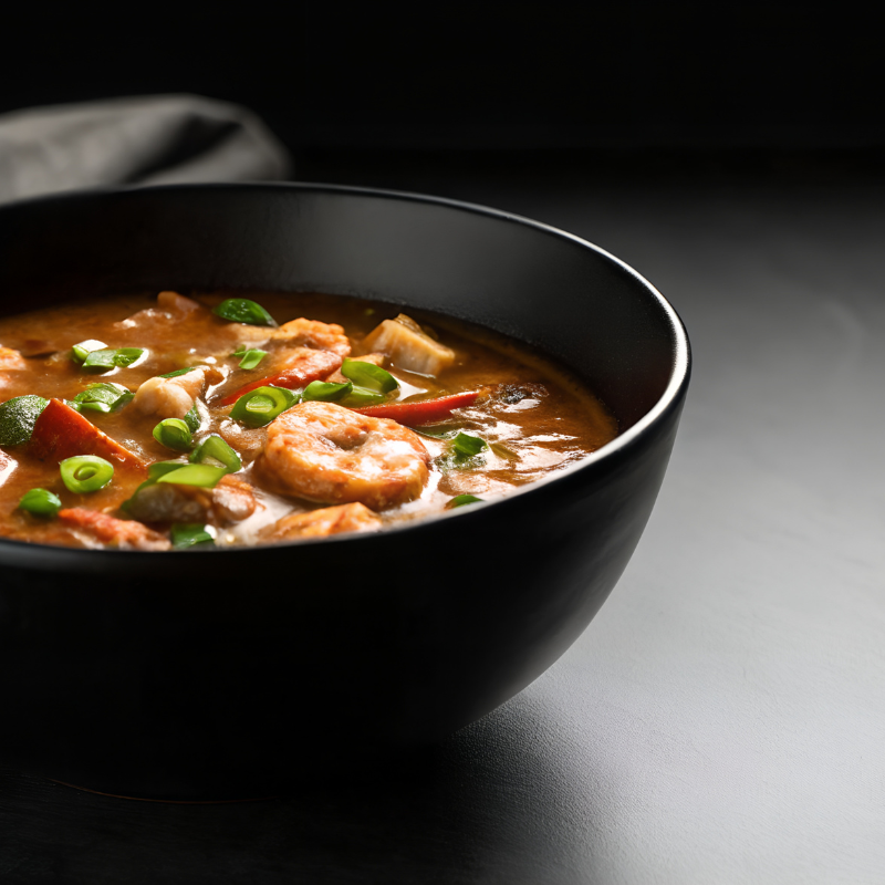 Bowl of shrimp gumbo with green onions, dark background.