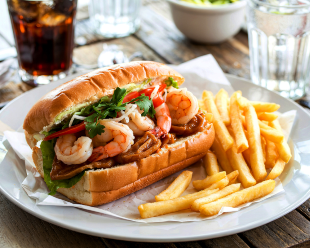 Shrimp banh mi sandwich with fries on a plate, alongside a glass of soda and water.