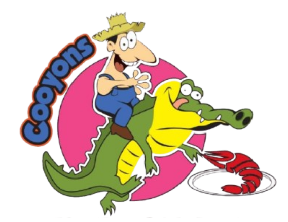 Coon's logo: Cartoon man on alligator with crawfish, pink circle, and 