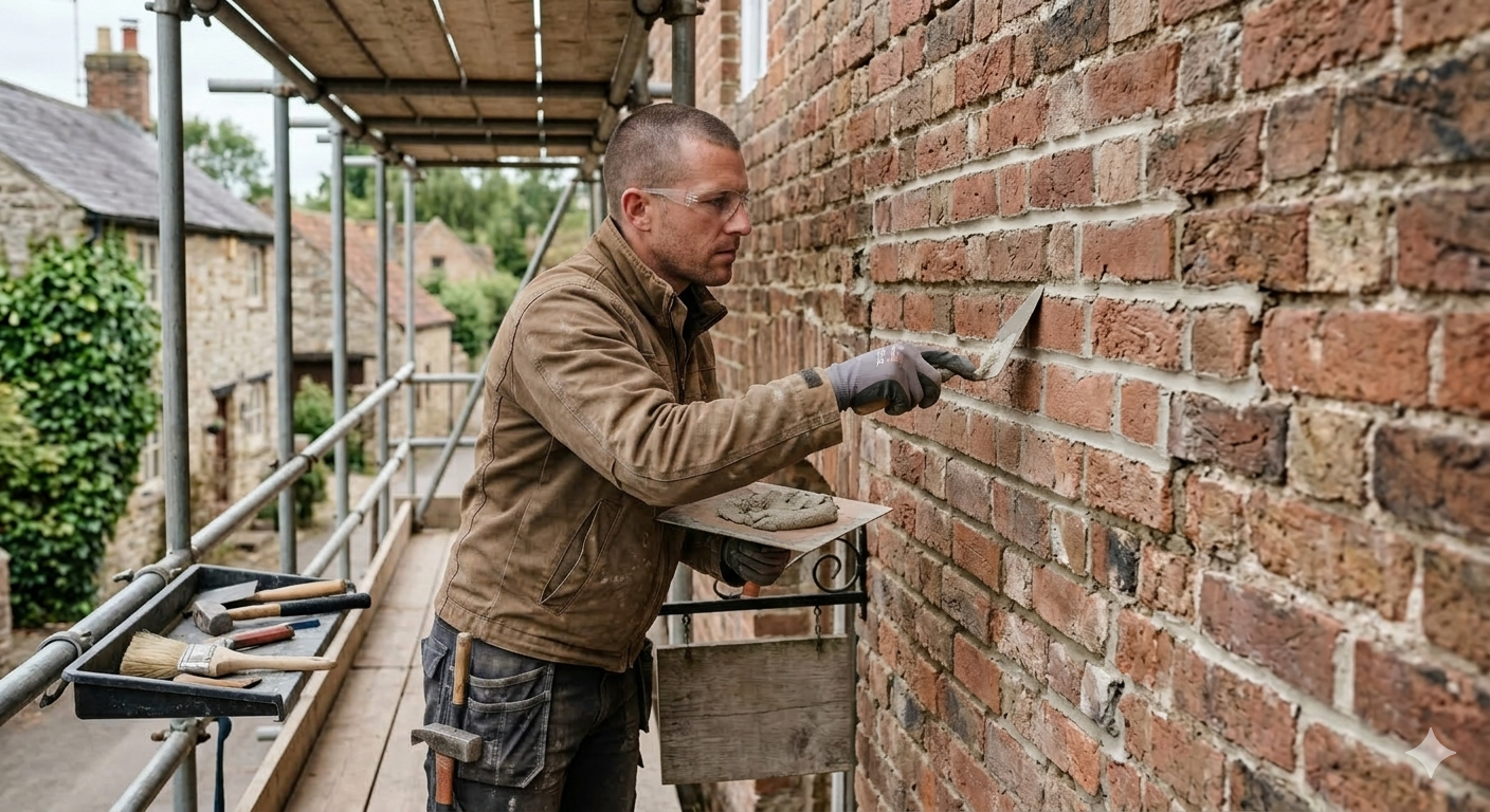 Worker pointing at brick wall during masonry inspection on a scaffolding platform