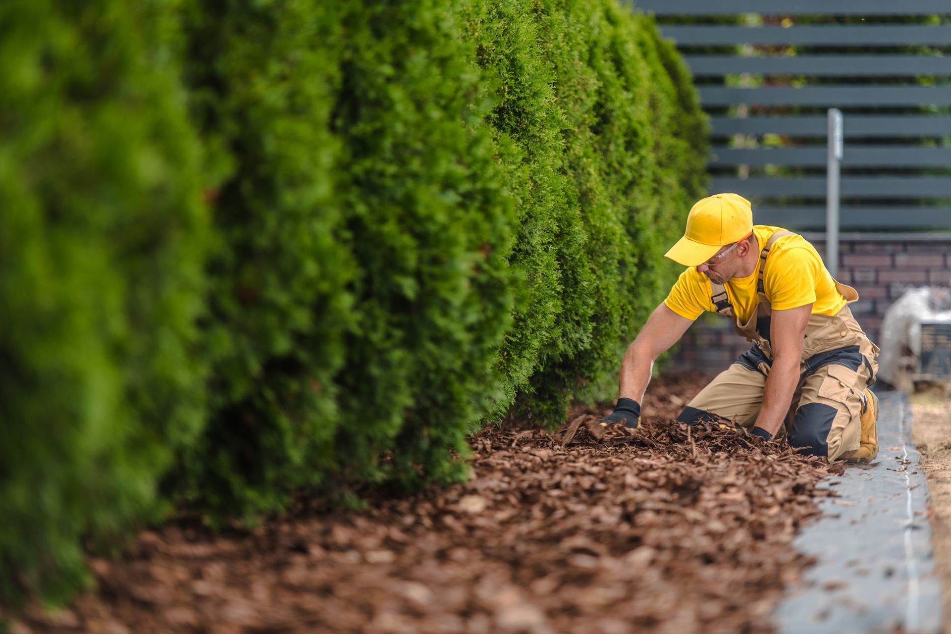 Man in yellow kneeling, mulching garden bed beneath green hedge.
