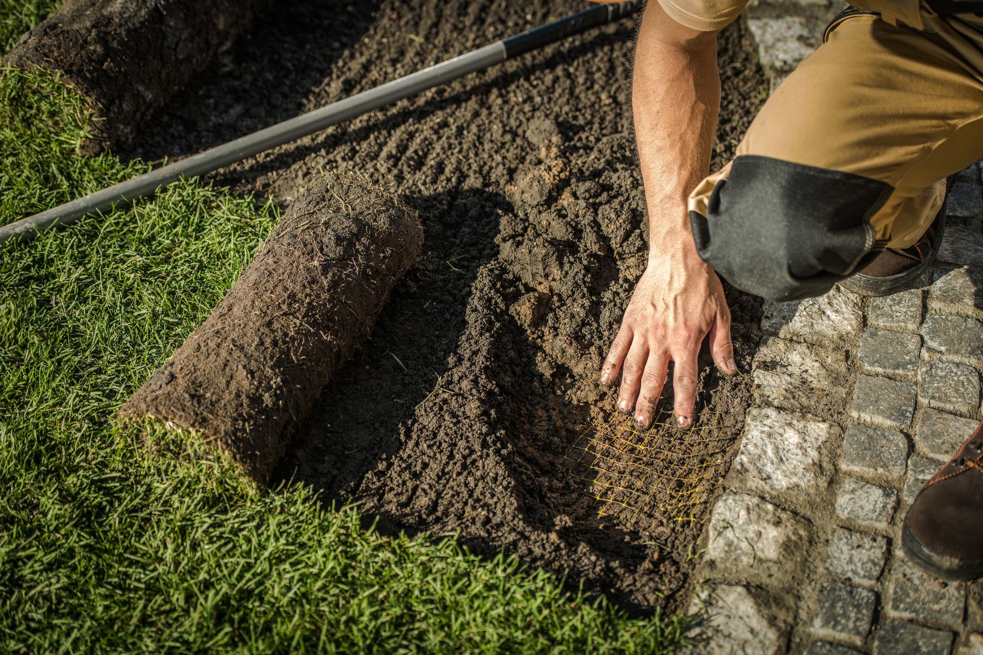 Person laying sod next to a stone walkway; hands on sod, a rolled piece of sod is visible.