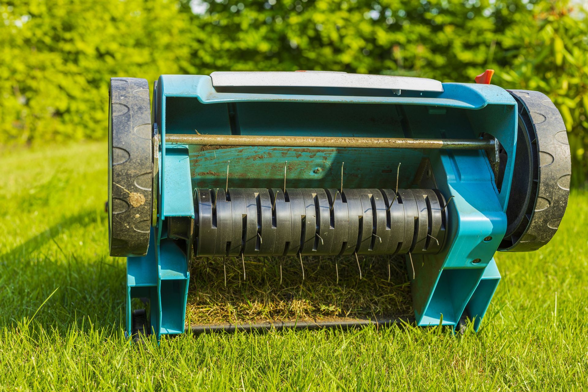 Turquoise lawn aerator with black wheels on green grass, used outdoors.