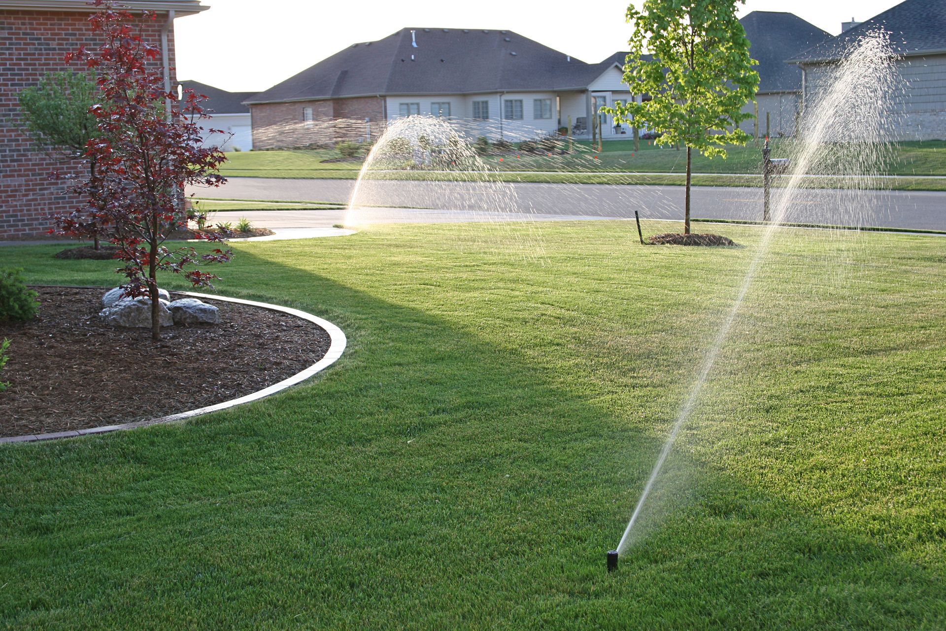 Sprinklers watering a green lawn in a residential front yard, with houses in the background.