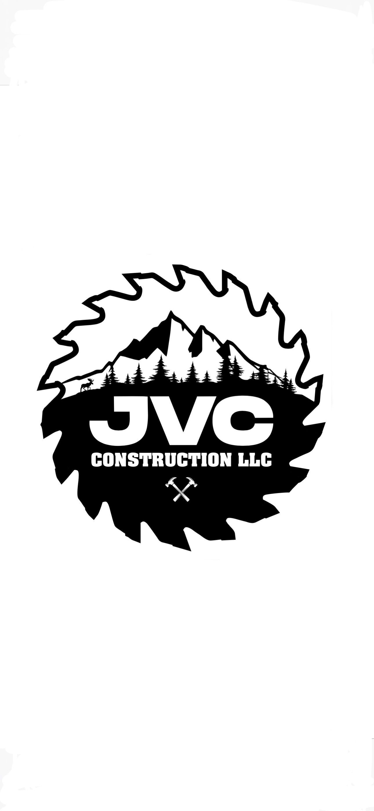 A black and white logo for jvc construction llc with a mountain in the background.
