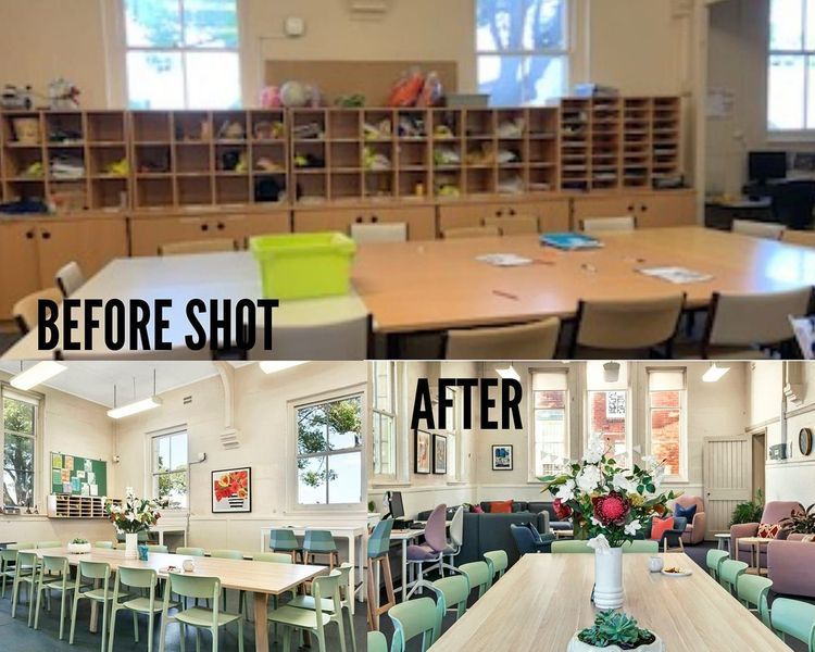Before and after shots of a classroom transformation: from storage-filled space to light, modern seating areas.