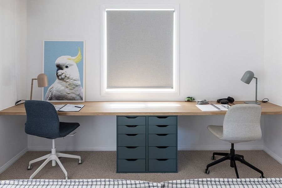 Shared desk with blue and gray chairs, teal drawers, parrot artwork, and a window.