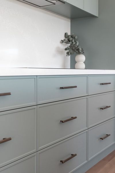 Light blue kitchen cabinets with dark handles, white countertop, and vase with greenery.