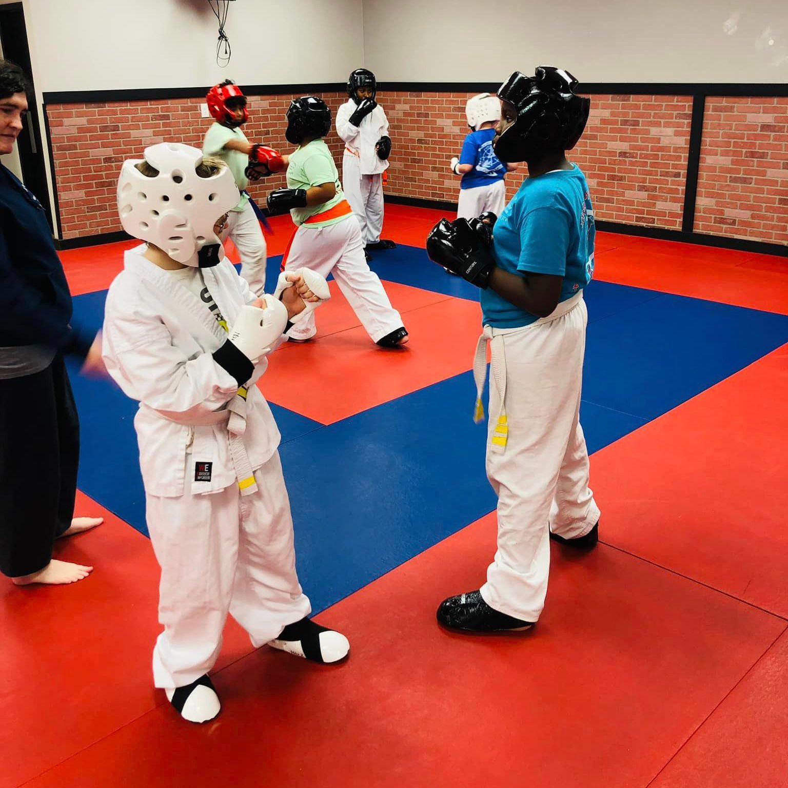a group of children are practicing karate in a gym .