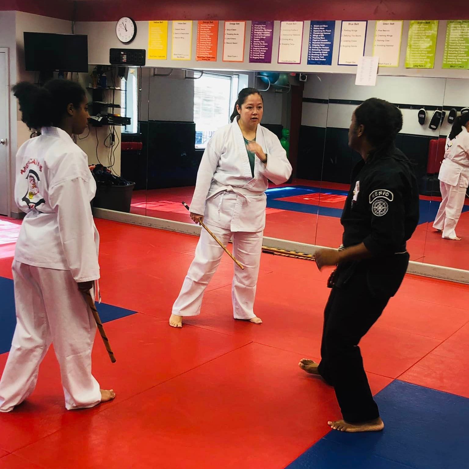 a woman in a martial arts class has a shirt that says martial arts