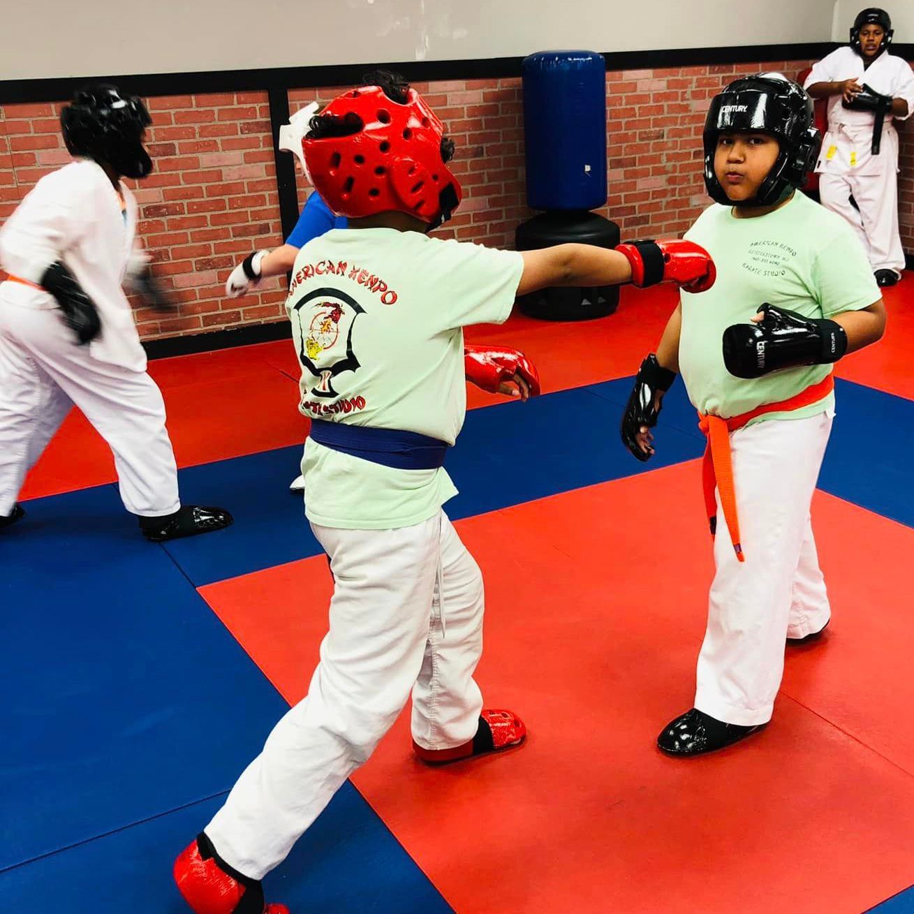 Kids practicing high kicks in martial arts class
