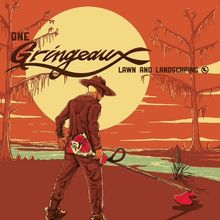 A man holding a lawn mower is on the cover of a lawn and landscaping album
