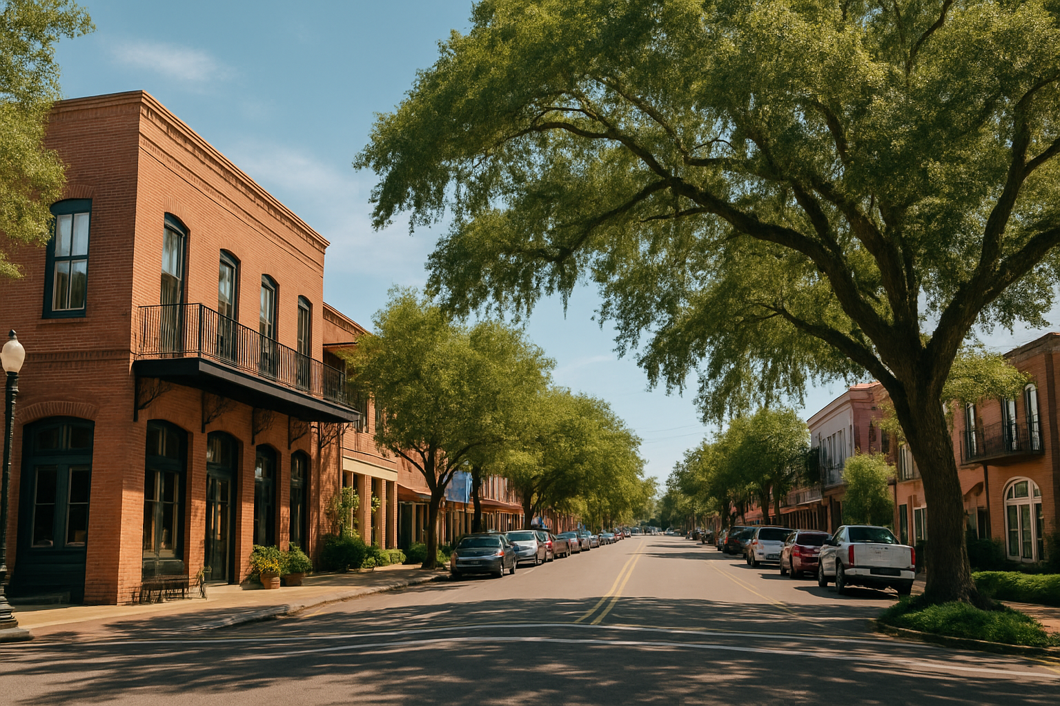 A row of brick buildings along a street with cars parked on the side of the road.