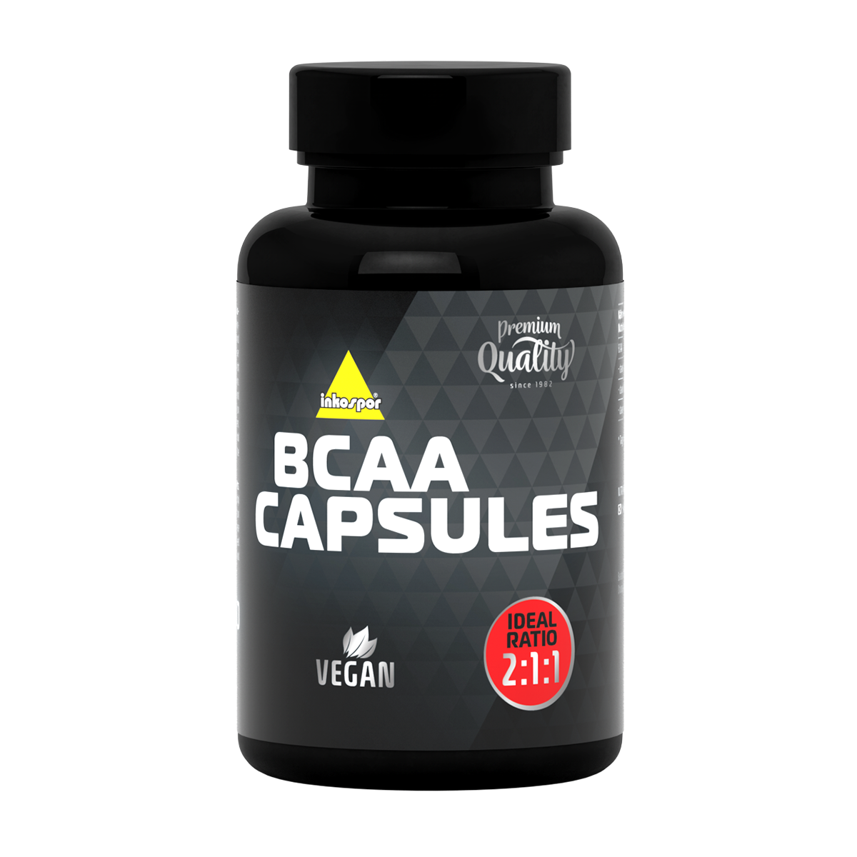 Flacone nero di capsule di BCAA con testo bianco ed etichetta con rapporto 2:1:1. Vegano.