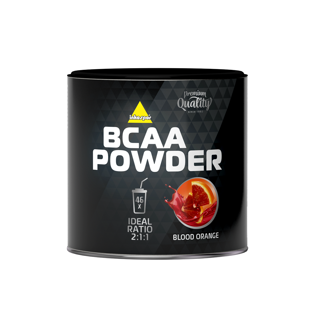 Vaschetta nera di polvere di BCAA, gusto arancia rossa. Include l'immagine di un'arancia con uno schizzo.