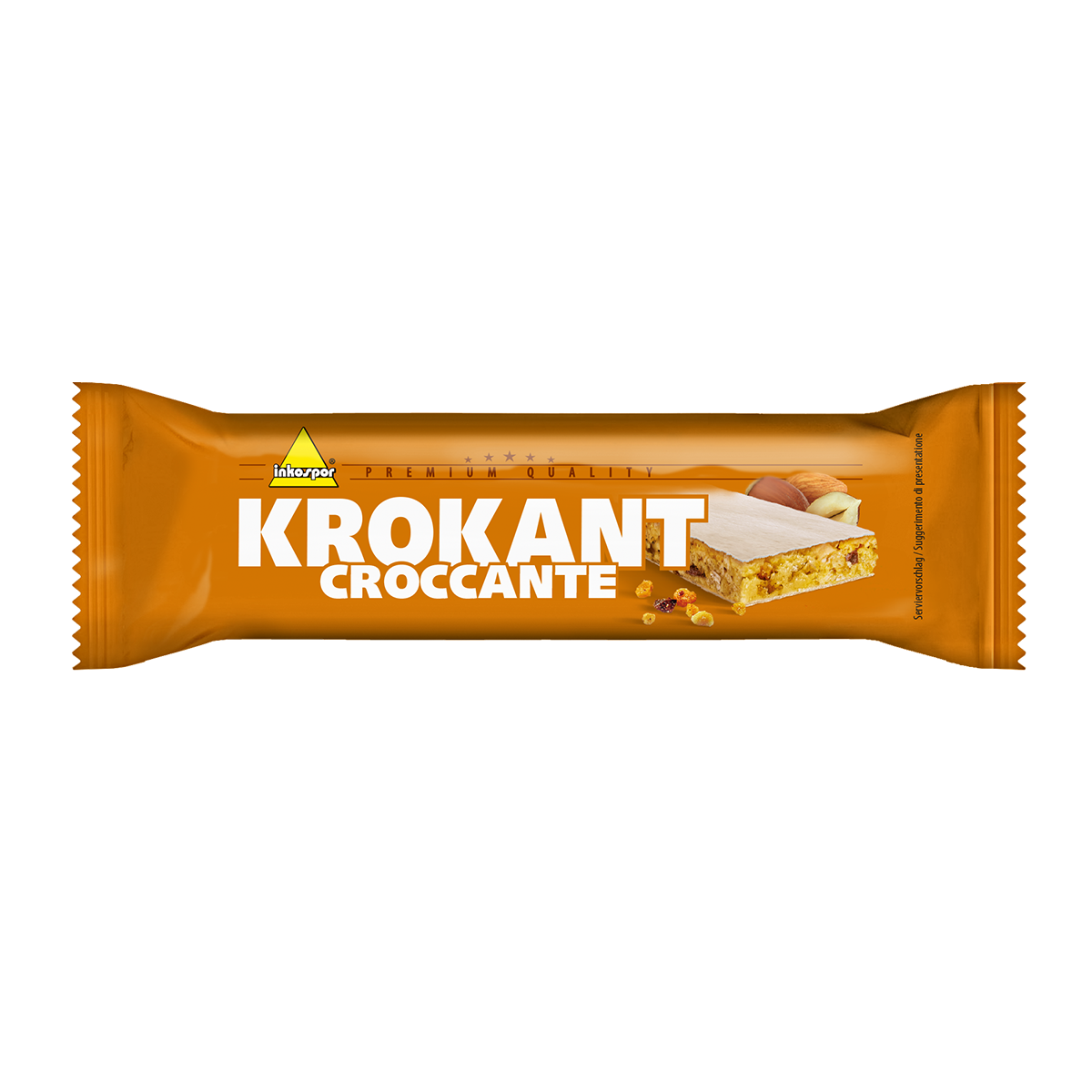 Barretta di cioccolato Krokant Croccante in confezione marrone. Mostra una sezione trasversale della caramella.